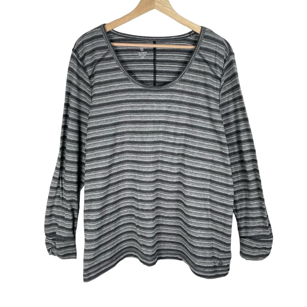 T by Talbots Grey Striped Long Sleeve Top Size 2X Ruched Sleeve Round Neck